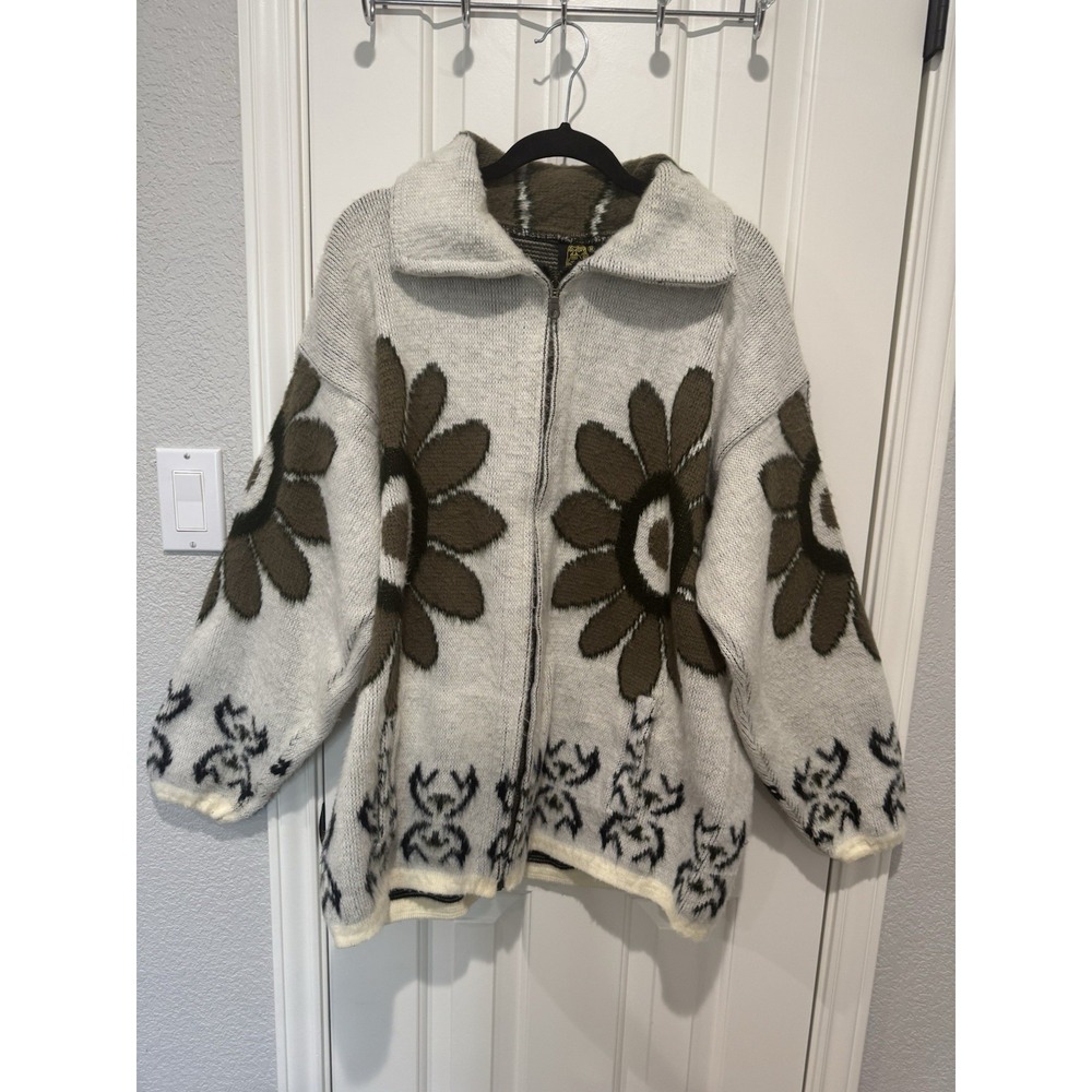 VTG Ruminahui Zip Beach Sweater Cardigan Jacket Wool Floral Hippie Chunky‎ XL